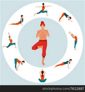 Woman and man practicing yoga vector, isolated people standing in poses. Asana balance and harmony, zen and aerobics gymnastics female and male flat style. Yoga Man and Poses of Woman Asana Tranquility