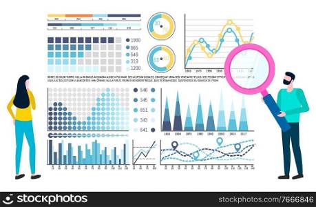 Woman and man researching charts on board, male holding loupe. People workers analysing graph report, marketing technology, colleague with magnifier vector. Workers Discussing Graph Report with Lens Vector