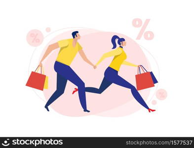 Woman and man running for sale discount black friday on white background .