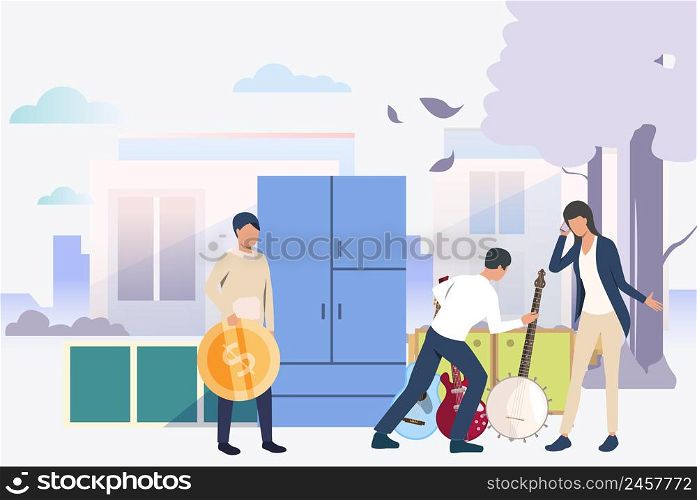 Woman and man selling guitar. Shopping, guitar, second hand, money. Marketing concept. Vector illustration for sale poster, presentation, new project