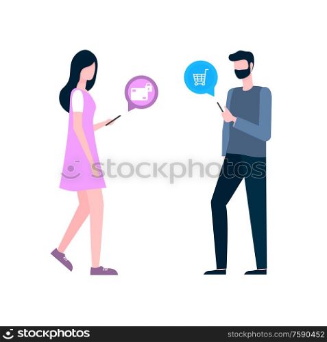 Woman and man shopping online walking people holding phone vector. Customers with smartphones using internet to buy things, clients couple with cells. Woman and Man Shopping Online Purchasing Clients