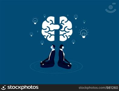 woman and man sit with crossed legs and meditate with brain and Light bulb vector.