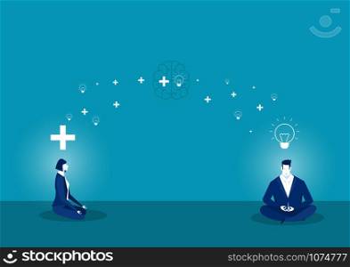 woman and man sit with positive thinking and brain and Light bulb vector.
