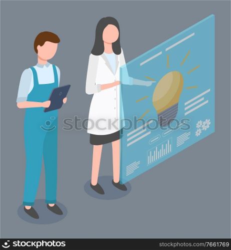 Woman and man stand near screen or board with information. People working on factory as engineers or technologists. Lad and guy look at data and explore it. Vector illustration of development in flat. Woman and Man Stand near Board with Information