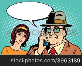 woman and man talking on the phone pop art retro style. Boss and Secretary. woman and man talking on the phone