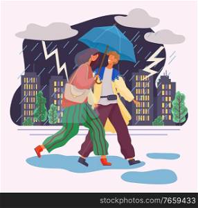 Woman and man under umbrella, girl and guy walking in thunderstorm vector. Couple in love at rainy autumn weather, seasonal weather conditions. Fall lightening and clouds over city illustration. Couple under Umbrella, People Walk in Thunderstorm