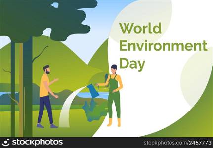 Woman and man watering and planting trees in wild nature. Eco, ecosystem, world, landscape concept. Presentation slide template. Vector illustration for topics like nature, environment, ecology