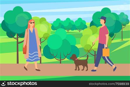 Woman and man with dog on walk in city park. Vector female in sunglasses having fun outdoors. Person wearing casual clothes and cap with domestic animal. Woman and Man with Dog on Walk in City Park Vector