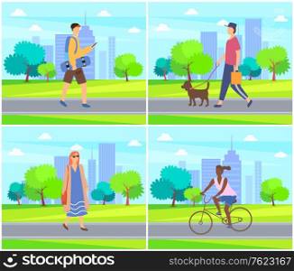 Woman and man with dog, skateboarder and afro-american girl walk in city park. Vector female and male outdoors, buildings and trees, summertime activities. Flat cartoon. Woman and Man with Dog, Skateboarder and Afro Girl