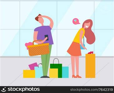 Woman and man with many colorfur paper bags shopping in department store, couple buying things in shop together. Girl looking at shoes and thinking about ring. Couple of People Colorful Bags with Purchases