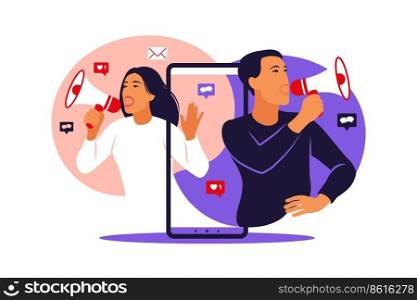 Woman and man with megaphone on screen mobile phone and young people surrounding her. Vector illustrationwith characters - influence blogger promotion services and goods for his followers online.