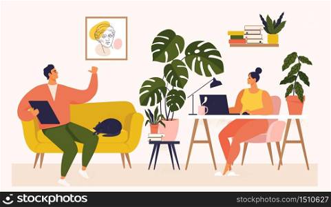 Woman and man working at desk and on sofa from home. Couple have a lot of work. Woman working with laptop at her work desk and testing ui and ux. Vector illustration of student studying at home. Woman and man working at desk and on sofa from home. Couple have a lot of work. Woman working with laptop at her work desk and testing ui and ux. Vector illustration of student studying at home.