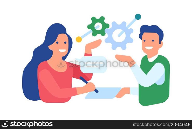 Woman and man working together. People communicate through text messages. Vector illustration. Woman and man working together. People communicate through text messages