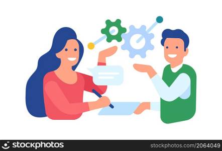 Woman and man working together. People communicate through text messages. Vector illustration. Woman and man working together. People communicate through text messages