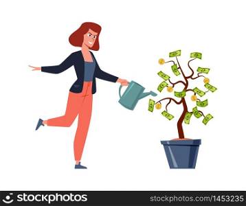 Woman and money tree. Rich person with investement business vector finance income revenue concept. Woman and money tree. Rich person with investement business vector finance revenue concept