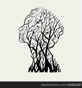 woman and nature vector illustration,silhouettes of trees and birds forming the image of a female head
