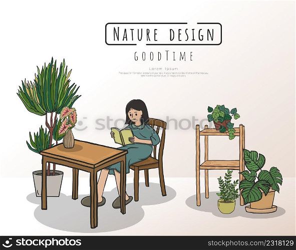 woman and plants in the live room, Minimalist interior furniture. hand drawn vector illustration interior minimalist design.
