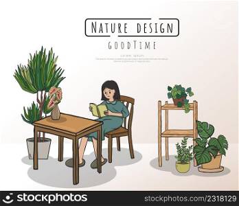 woman and plants in the live room, Minimalist interior furniture. hand drawn vector illustration interior minimalist design.