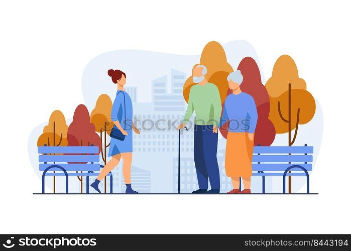 Woman and senior couple walking in city park. Autumn, cityscape, urban lifestyle flat vector illustration. Weekend and season concept for banner, website design or landing web page