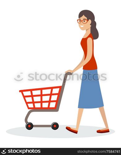 Woman and shopping cart. Supermarket trolley. Vector illustration