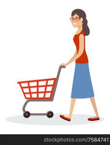 Woman and shopping cart. Supermarket trolley. Vector illustration
