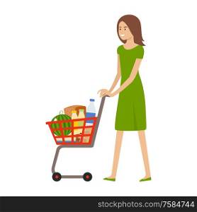 Woman and shopping cart with products. Health food. Supermarket trolley. Vector illustration