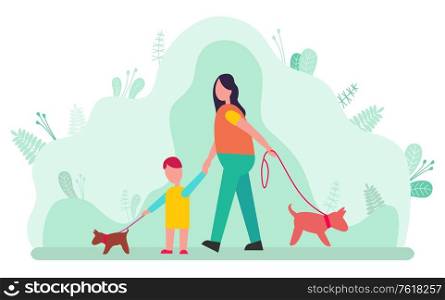 Woman and son walking with dogs on collars isolated on blurred green background of leaves and plants. Vector mother and boy hold pet on lead cartoon style. Woman and Son Walking with Dogs on Collar Isolated