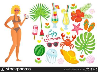 Woman and summer elements vector, palm tree foliage, cocktail with straws and umbrella. Ice cream, watermelon and sea star, crab and jellyfish starfish. Summertime objects for relax. Enjoy Summer Woman with Cocktail, Palm Tree Leaf