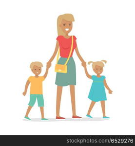 Woman and Two Children Isolated on White. Vector. Woman and two children isolated on white. Family entertainment banner. Female with adorable son and daughter. Happy childhood concept in flat style design. Vector illustration. People society