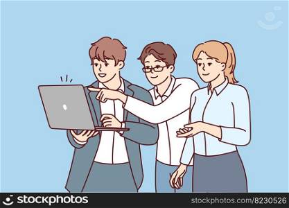Woman and two men dressed in business style stand with laptop while studying site. Startup employees are discussing project looking at presentation of software in computer. Flat vector image. Woman and two men startup employees dressed in business style stand with laptop. Vector image