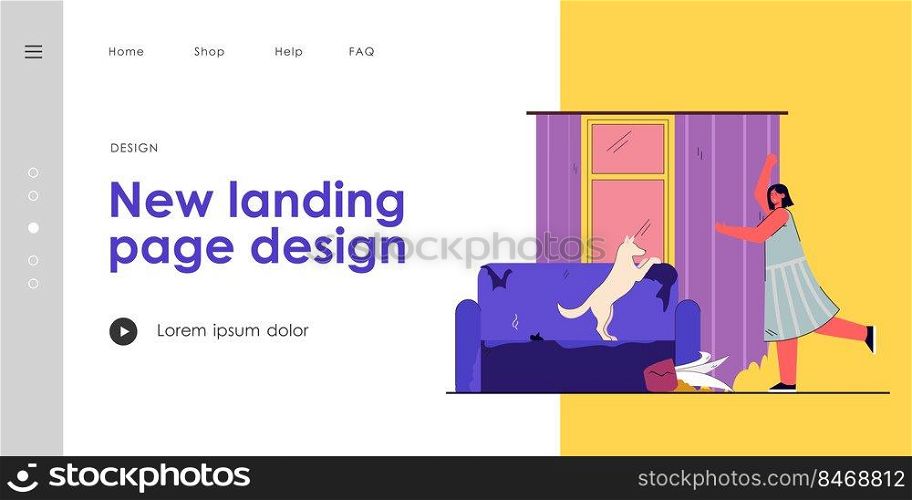 Woman angry with mess made by dog. Female character screaming at pet. Ruined furniture and curtains. Broken down lamp and plant. Keeping domestic animals concept for banner, website or landing page