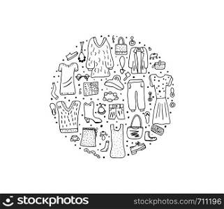 Woman apparel and accessories set in doodle style. Round badge with female fashion symbols. Vector illustration.