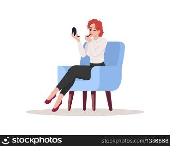Woman apply makeup at home semi flat RGB color vector illustration. Woman looking in mirror and put on lipstick. Cosmetic application. Female beauty isolated cartoon character on white background. Woman apply makeup at home semi flat RGB color vector illustration