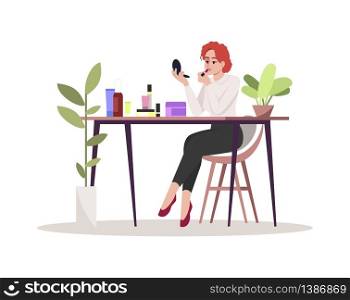 Woman apply makeup semi flat RGB color vector illustration. Person with cosmetic products on table. Woman look in hand mirror. Female isolated cartoon character on white background. Woman apply makeup semi flat RGB color vector illustration