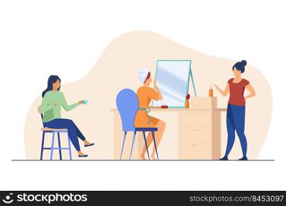 Woman applying makeup while chatting with female friends. Girls preparing for party together flat vector illustration. Friendship, beauty care concept for banner, website design or landing web page