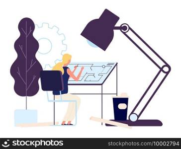 Woman architect at work. Vector girl engineer character. Professional architect draws project vector illustration. Engineering architect job drawing. Woman architect at work. Vector girl engineer character. Professional architect draws project vector illustration