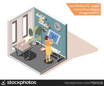 Woman architect engineer at drawing board in office sketching blue print construction plan isometric composition vector illustration