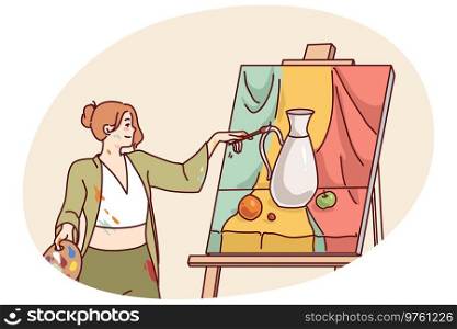 Woman artist drawing picture on easel. Girl painting on canvas. Art and hobby concept. Vector illustration.. Woman artist painting picture