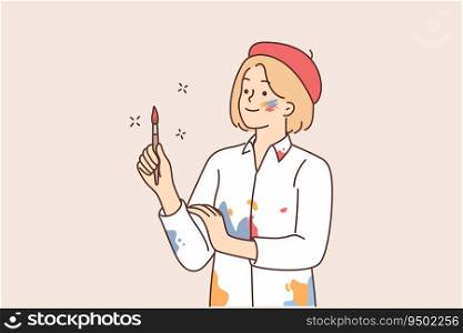 Woman artist in shirt stained with paint and beret holds brush and looks to side waiting for inspiration to create artwork. Girl artist doing creative work or making professional paintings. Woman artist in shirt stained with paint holds brush and looks to side waiting for inspiration