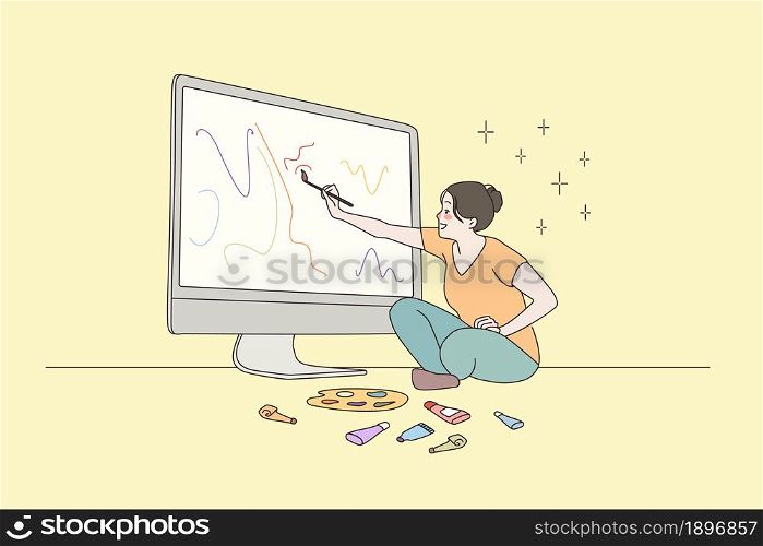 Woman artist relax paint online on computer screen work distant from home. Smiling girl painter drawing on PC, design or create art on internet. Hobby, artistic activity. Flat vector illustration.. Smiling woman artist drawing online on computer
