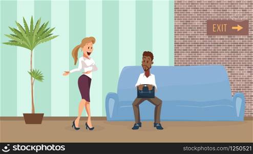 Woman Ask Black Man Sit on Sofa to Job Interview. Employee Wait in Corridor or Waiting Room. Female Office Manager Wear Suit. Worried Character with Hold Breifcase. Cartoon Flat Vector Illustration. Woman Ask Black Man Sit on Sofa to Job Interview