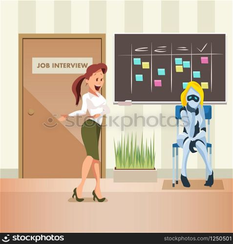 Woman Ask Female Robot to Office Job Interview. Bot Sit at Door in Corridor. Modern Technology. HR or Boss Invite Artificial Intelligence Candidate for Work. Flat Cartoon Vector Illustration. Woman Ask Female Robot to Office Job Interview