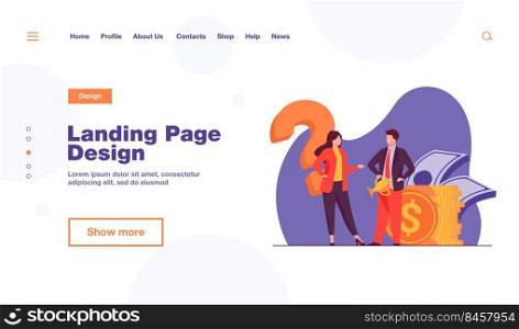 Woman asking man with golden cup about money. Bank, coin, trophy flat vector illustration. Achievement and investment concept for banner, website design or landing web page