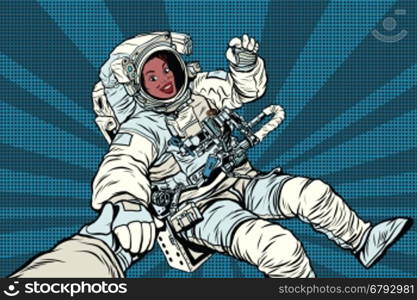 Woman astronaut African American gesture OK, pop art retro comic book vector illustration