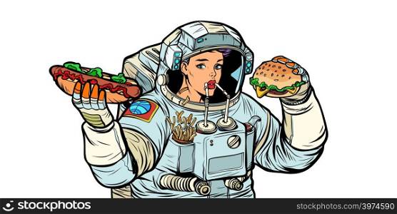 Woman astronaut eats. Cola, hot dog and Burger fast food. Isolate on white background. Pop art retro vector illustration kitsch vintage. Woman astronaut eats. Cola, hot dog and Burger fast food. Isolat