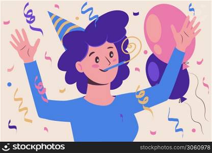Woman at a birthday party. Celebration and fun. Serpentine and balloons. Illustration of flat cartoon style.. Woman at a birthday party. Celebration and fun. Serpentine and balloons. Illustration of cartoon style.