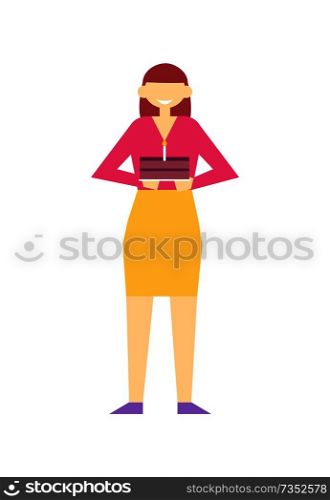 Woman at birthday party with cake and candle in it vector illustration with girl holding celebrative cupcake sweet present for holiday isolated on white. Woman at Birthday Party Cake and Candle Isolated