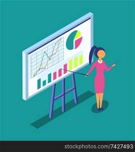 Woman at blackboard present project isolated vector icon cartoon banner. Businesswoman in suit with pointer shows diagrams, bar charts and graphs. Woman at Blackboard Present Project Cartoon Banner