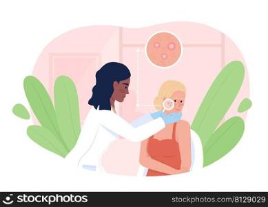 Woman at dermatologist appointment 2D vector isolated illustration. Doctor and patient flat characters on cartoon background. Cosmetology colourful scene for mobile, website, presentation. Woman at dermatologist appointment 2D vector isolated illustration