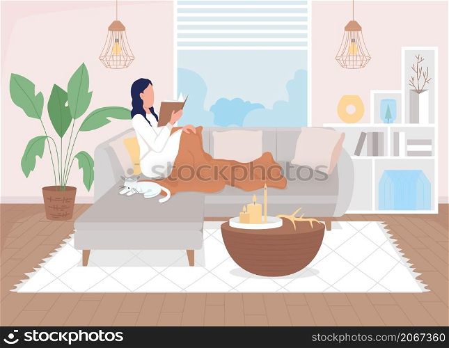Woman at home resting flat color vector illustration. Danish lifestyle. Hygge and rest. Girl reading under blanket sitting on sofa 2D cartoon characters with scandinavian interior on background. Woman at home resting flat color vector illustration